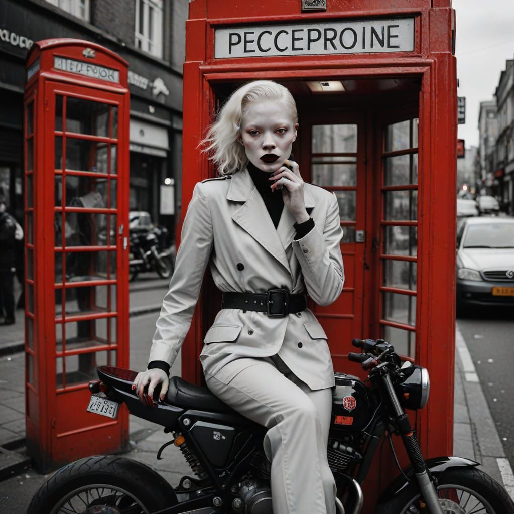 Albino Woman with Red Accents in Black and White