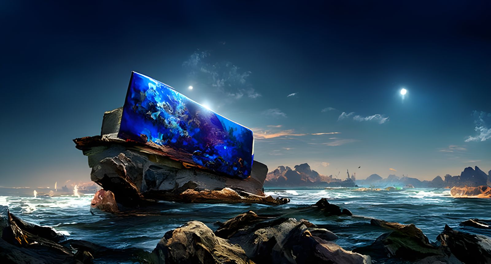 Cosmic Headland: A Seascape in Electric Blue