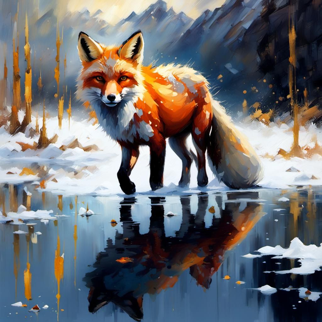 Fox on Frozen Lake in Blizzard, Detailed Matte Painting