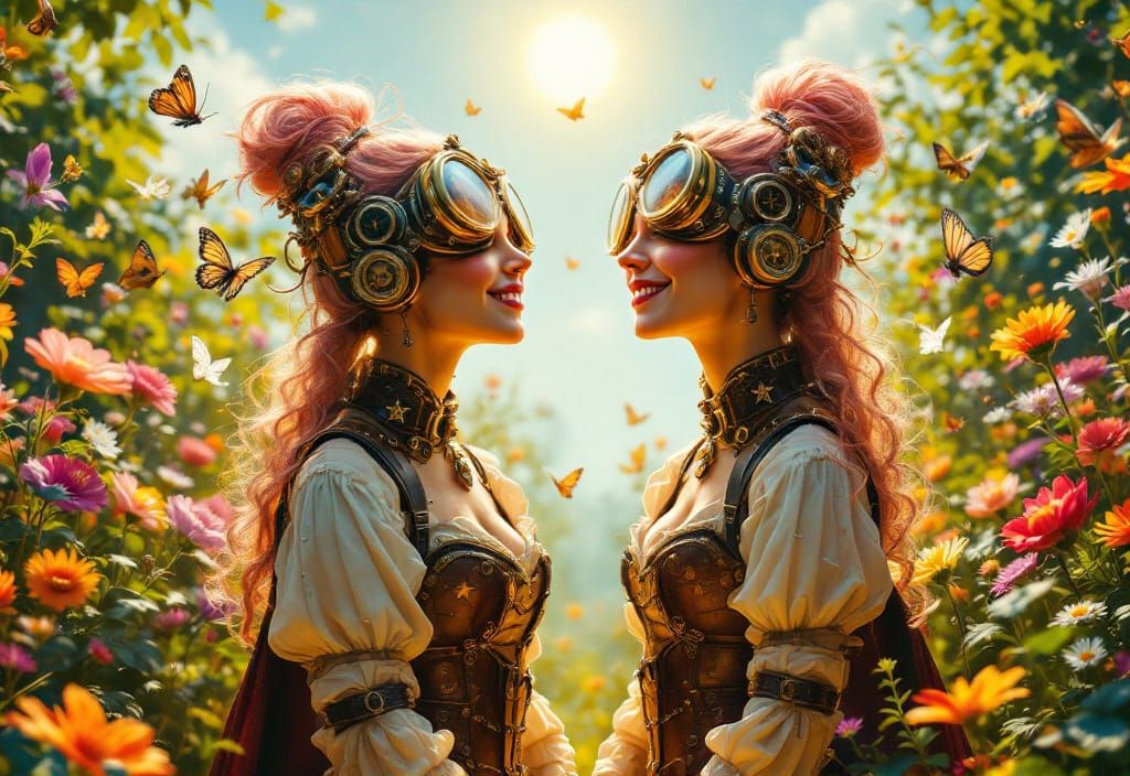 Steampunk Twins in Lush Garden, Miyazaki-esque