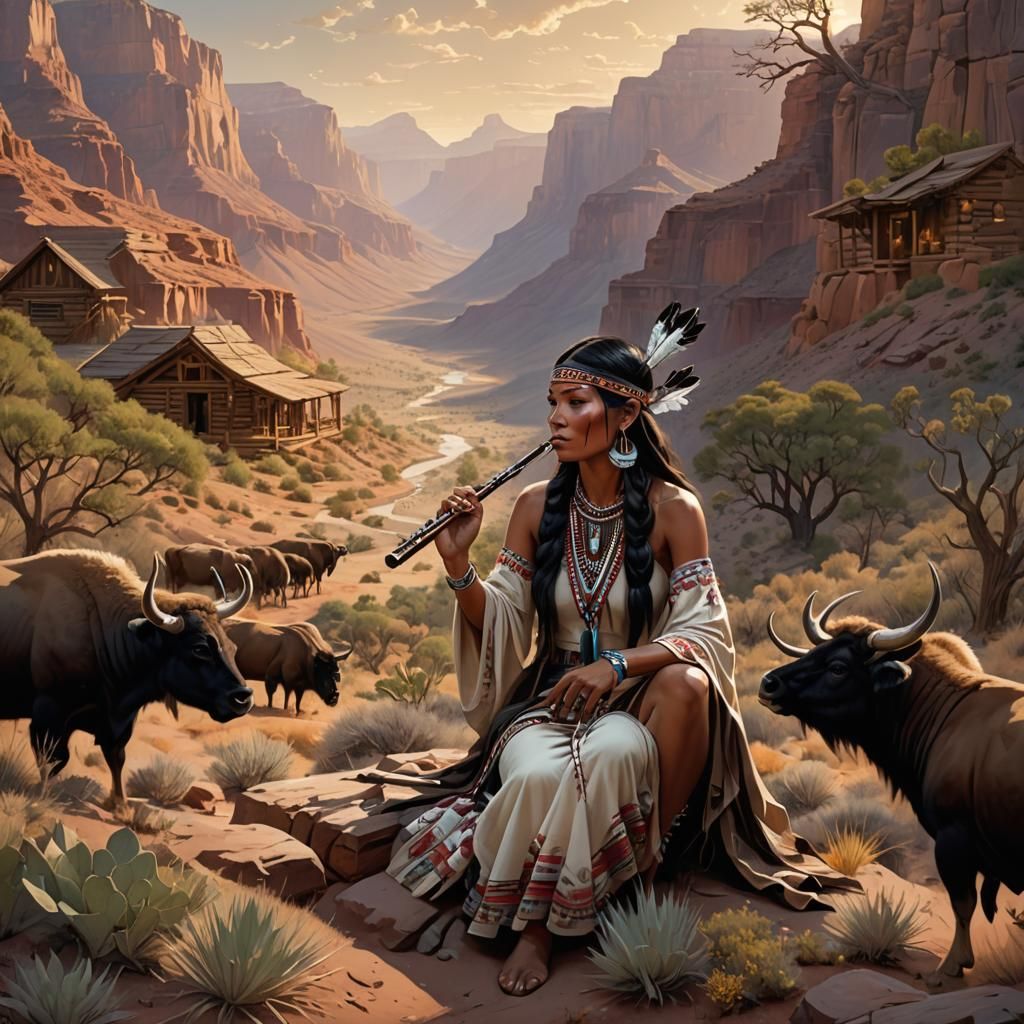 Native American Woman Playing Flute at Grand Canyon