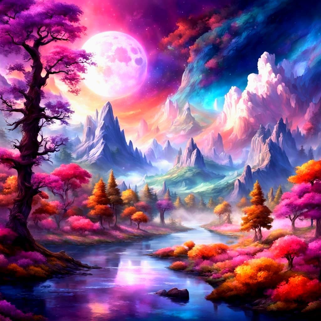 Enchanted Forest Landscape with Glowing Sky