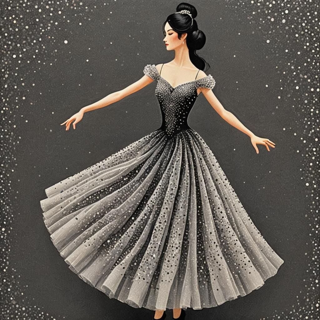 Ballerina Dancing at Night in Pointillism Style