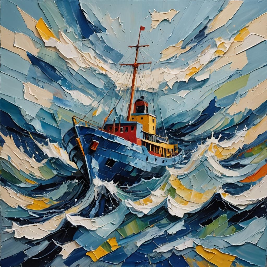 Torn Paper Ship Navigates Stormy Seas in Neo-Expressionist O...