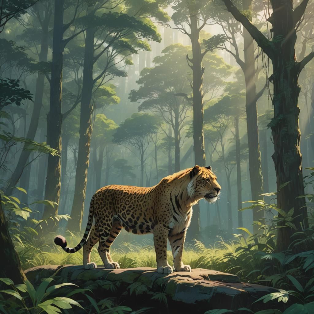 Calm Lion-Leopard-Tiger Hybrid in Forest Clearing