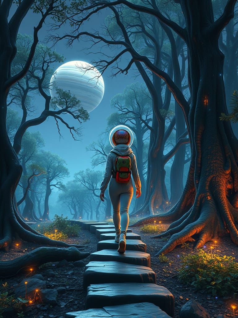 Bioluminescent Exomoon Forest Princess in Futuristic Style