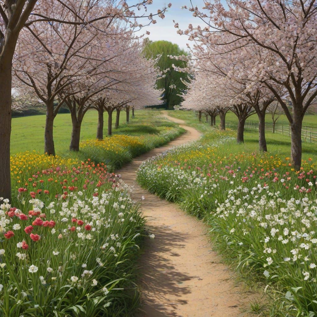 Spring Fair in Countryside with Cherry Blossoms