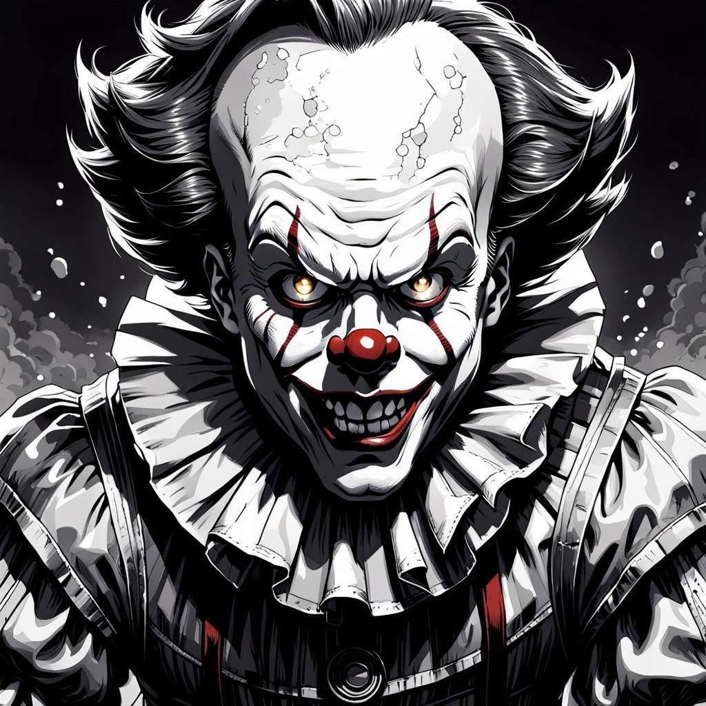 Menacing Manga Clown in Black and White