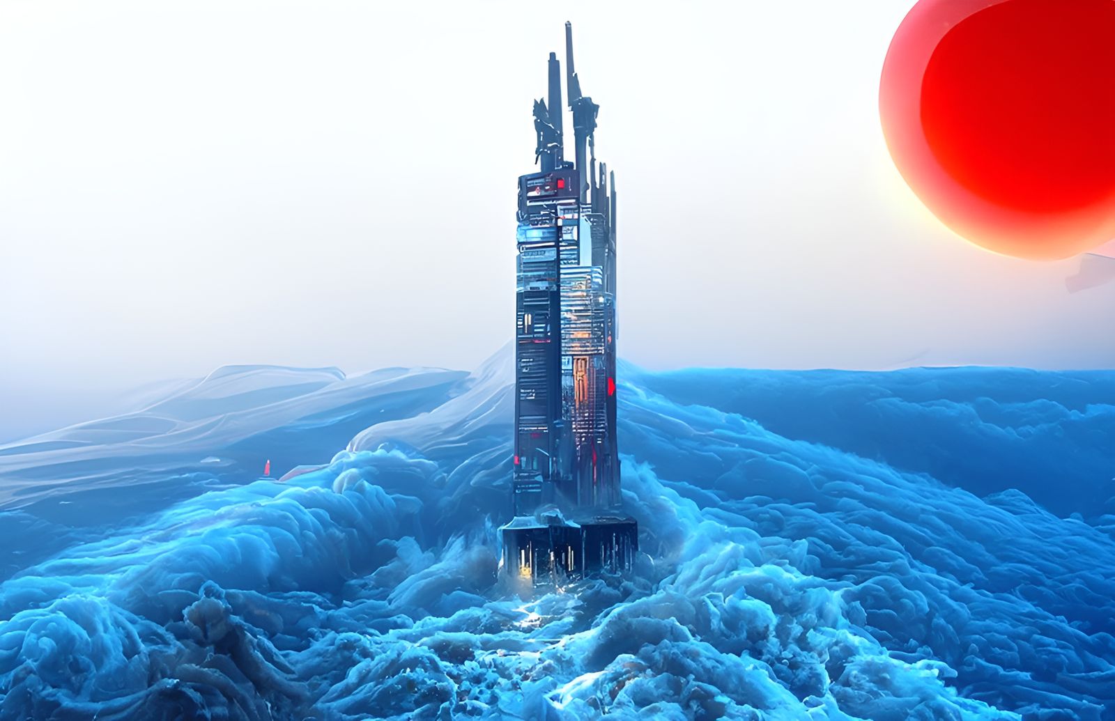 Flooded Cyberpunk Cityscape Under a Fiery Sun