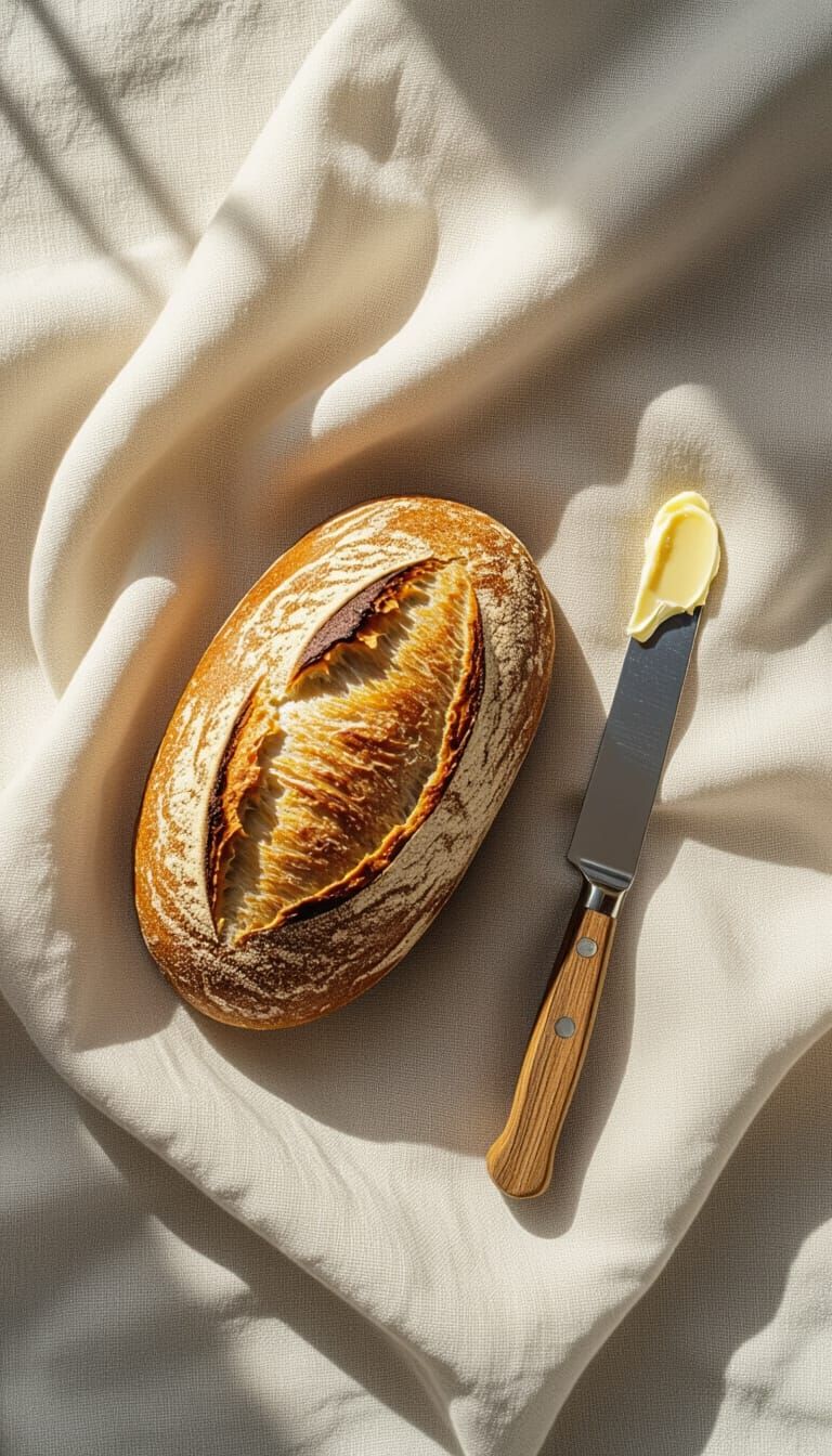 Artisan Bread Loaf on Linen with Butter Knife