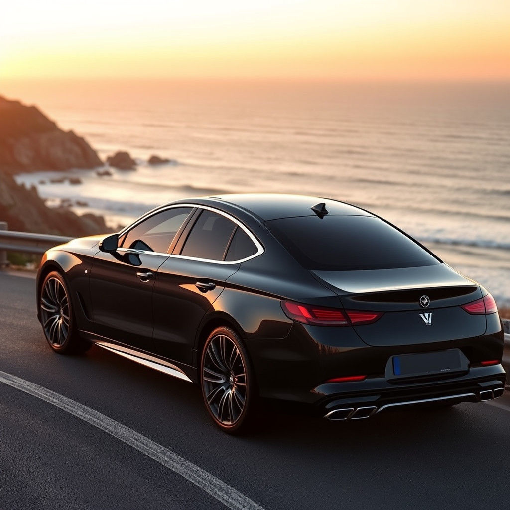 Luxury Sedan at Sunset: Cinematic Coastal Scene