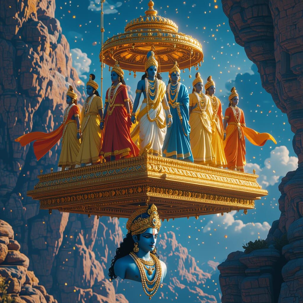 Disciples on Chariot Above Lord Krishna: Matte Painting