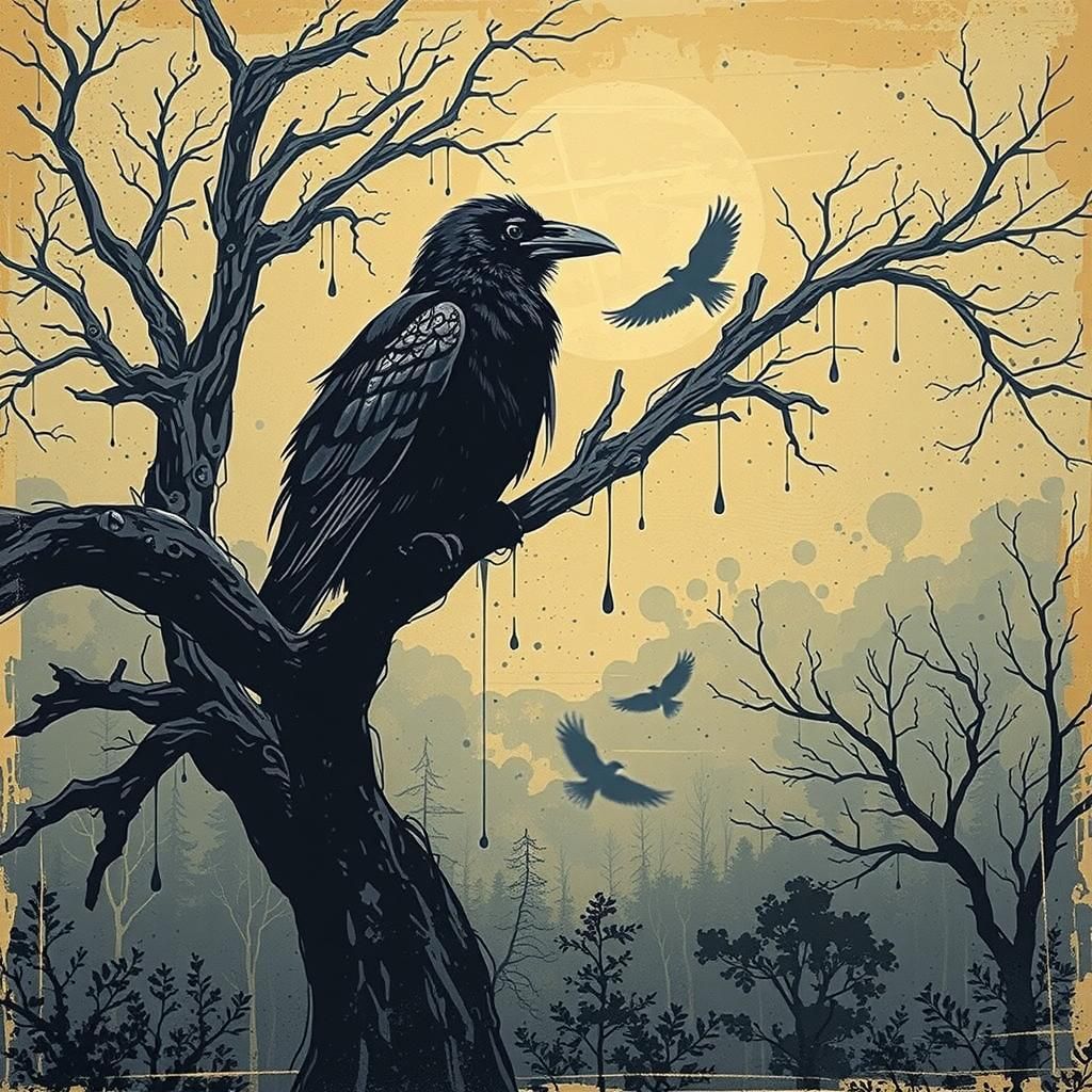 Raven ink dawing,ink splatter art