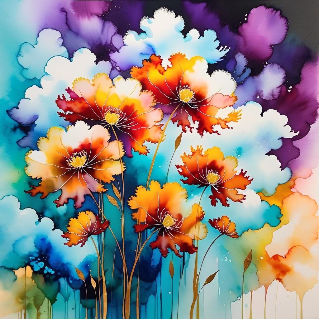 Autumnal Fluffy Cloud Flowers in Alcohol-Ink Style