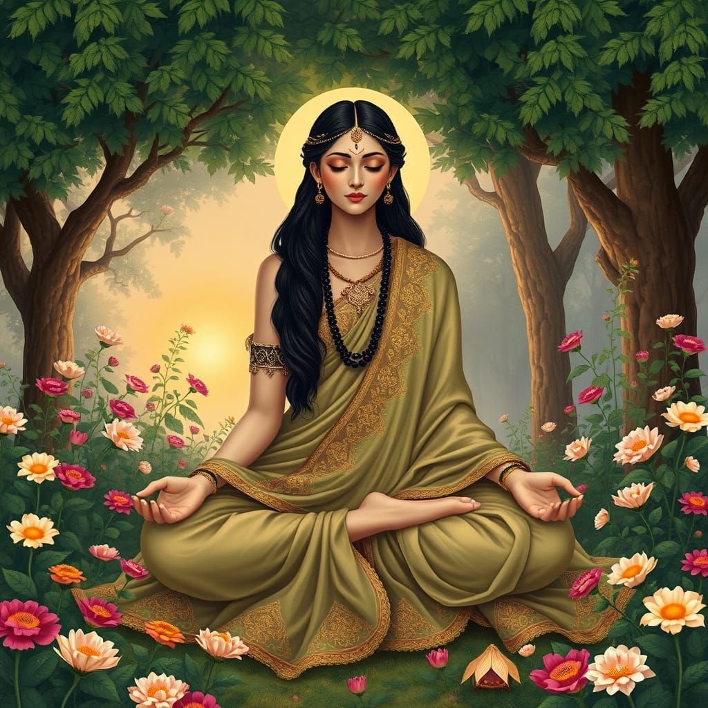 Elegant Goddess Parvati in Traditional Indian Miniature Styl...