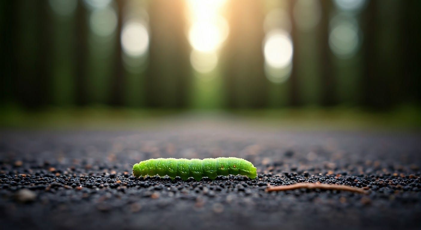 Detailed Pine Caterpillar Crawling on Forest Soil