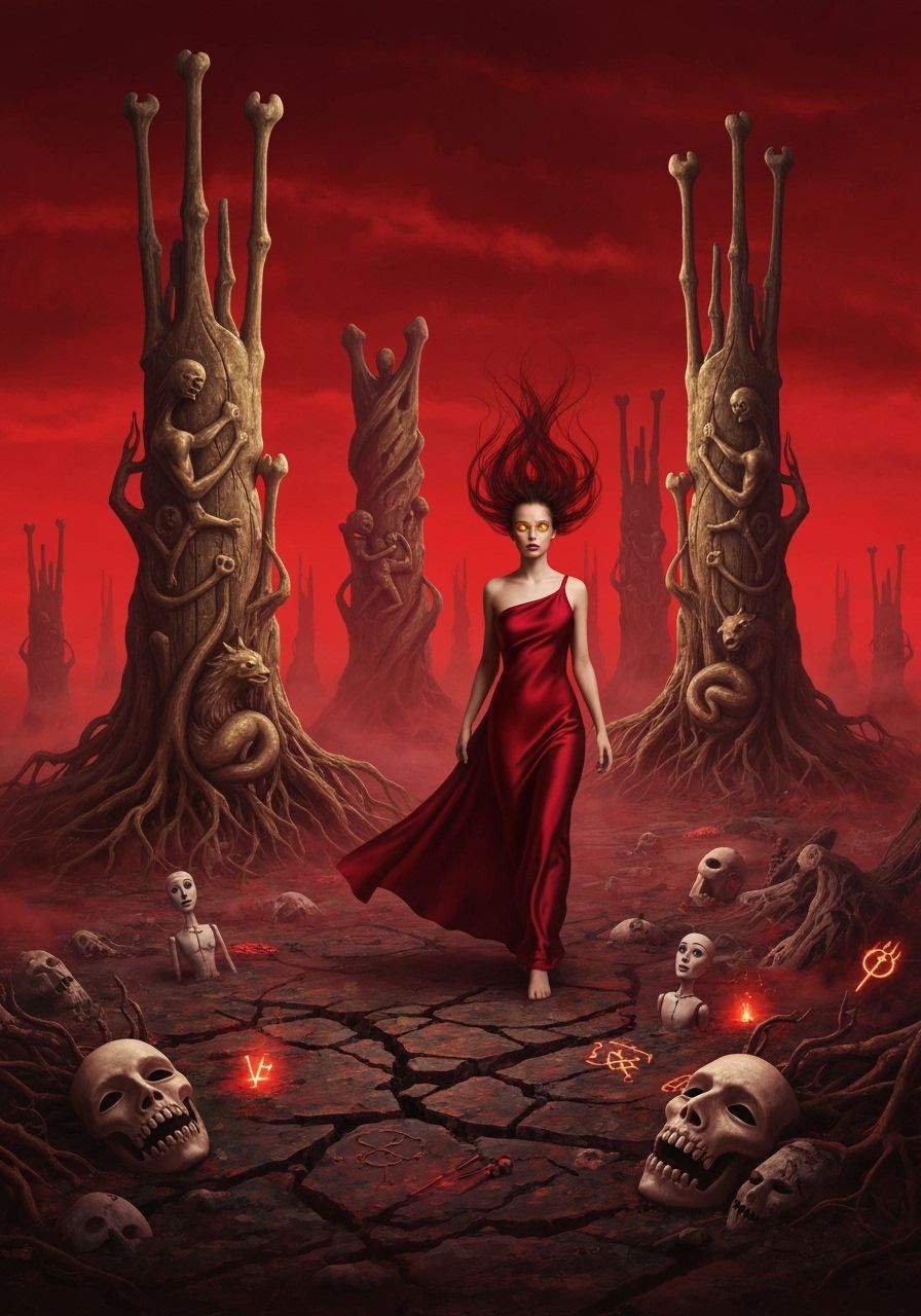 A mysterious young woman draped in flowing crimson silk wand...