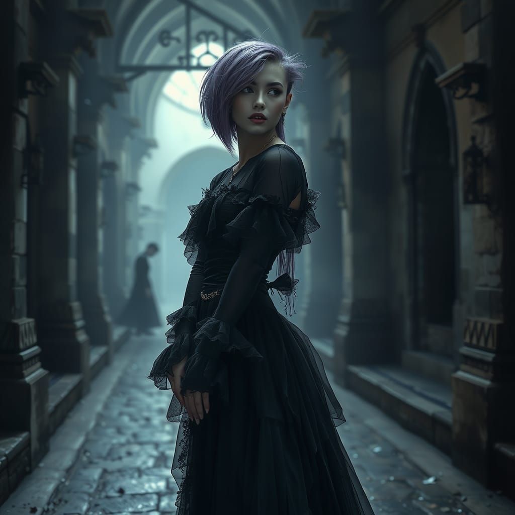 Mystical Goth Woman in Misty Gothic Alleyway
