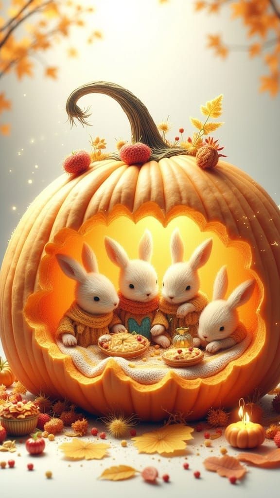 Animated Bunnies Host Pumpkin Potluck, Watercolor Art