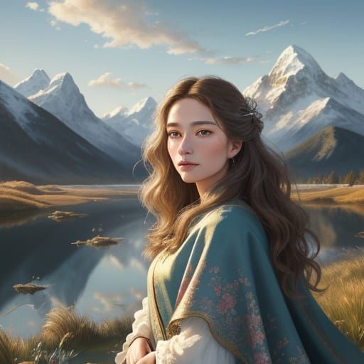 Romantic Realism: Young Woman in Floral Cape