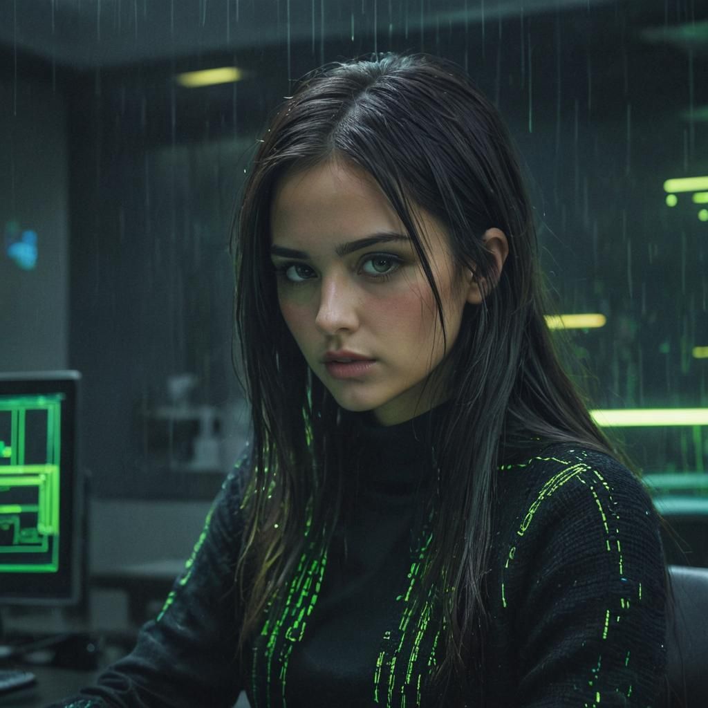 Beautiful Hacker in Futuristic Office, Digital Art