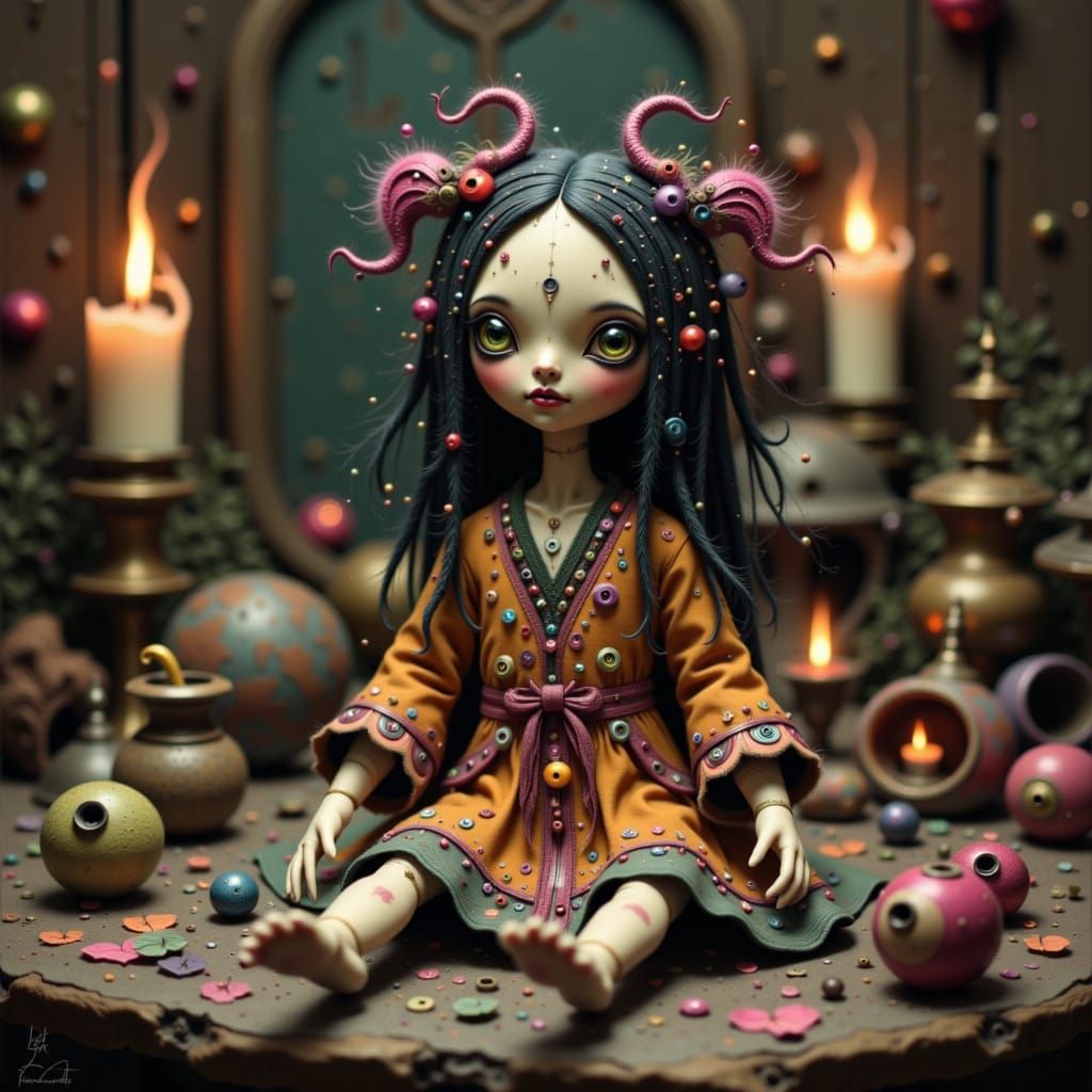 Eerie Voodoo Doll with Candles and Herbs