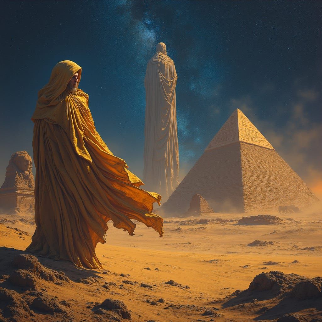 Egyptian Pyramids Under Starry Sky in Futuristic Style