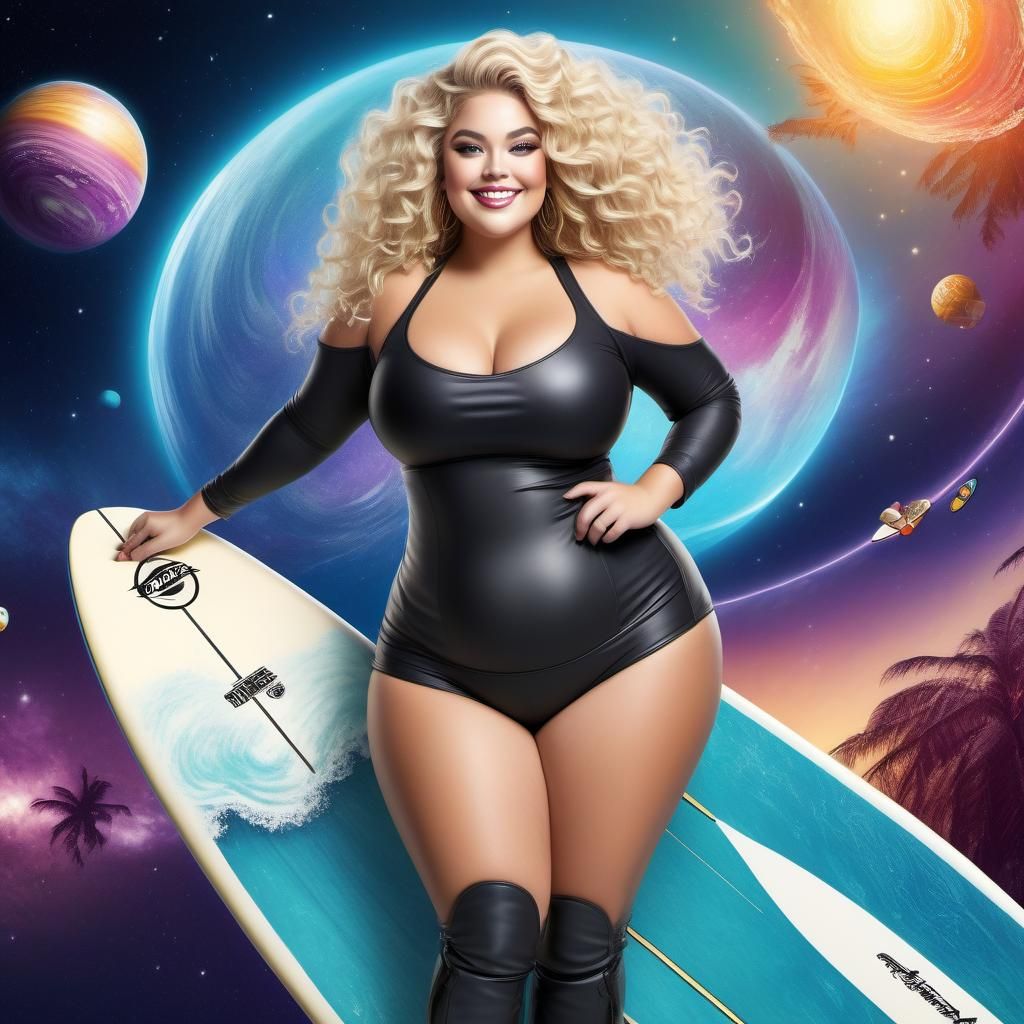 Curvy Blonde Surfer Rides a Wave in Space