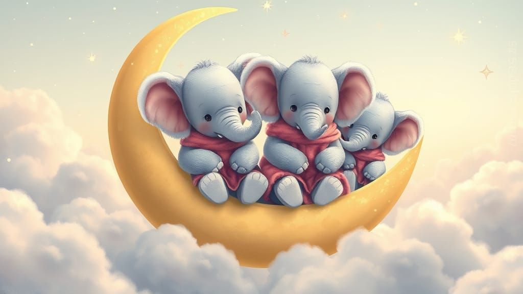 Baby Elephants on Moon in Starry Sky