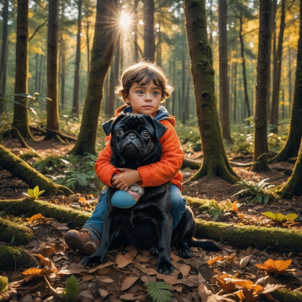 Child with Pug in Forest: Golden Hour Portrait