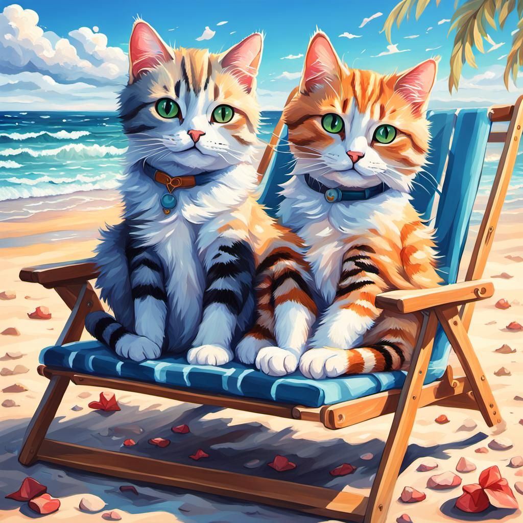 Anime Oil Painting of Two Cats in Love