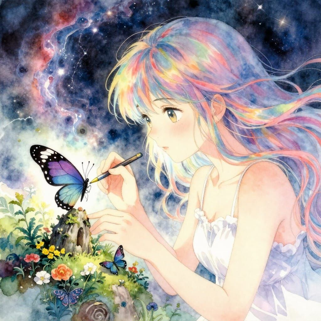 Woman Painting Miniature World on Butterfly Wing in Watercol...