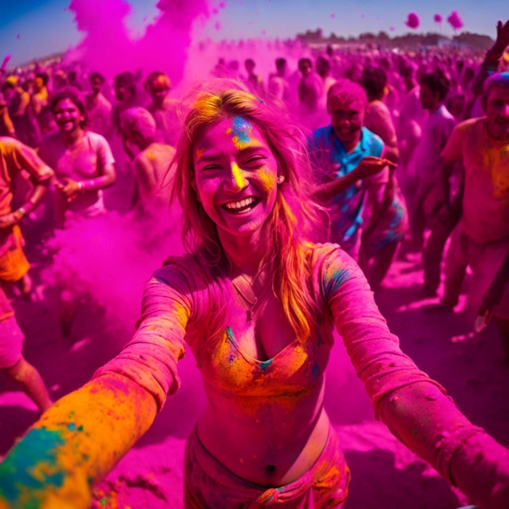 <lora:HoliWould:1.0> A cute blonde plays holi on the beach