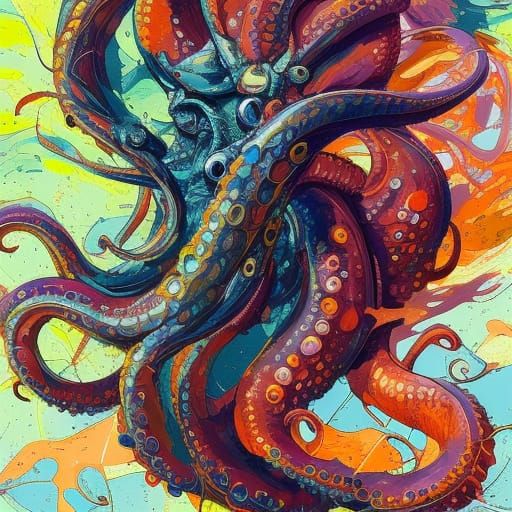 Hyperdetailed Octopus Portrait in Oil Splash Style