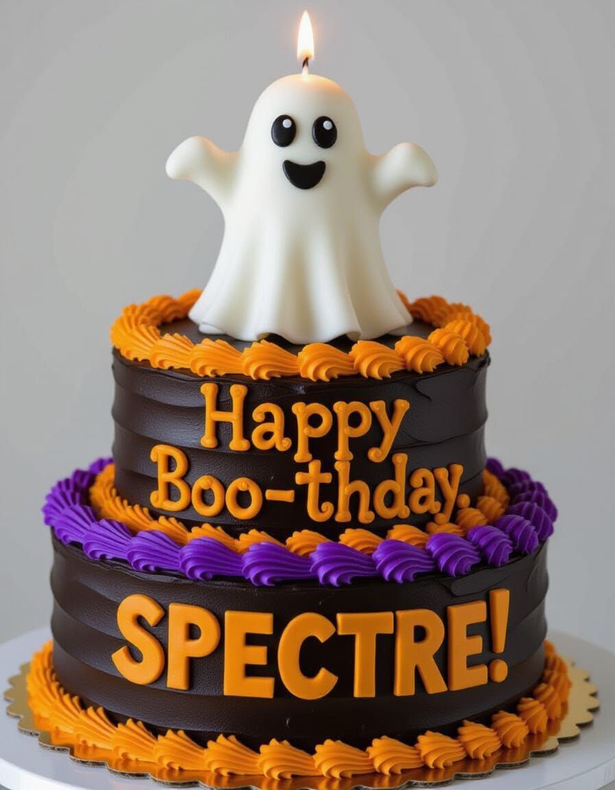 Happy Boo-thday Ghost Cake with Orange and Purple Frosting