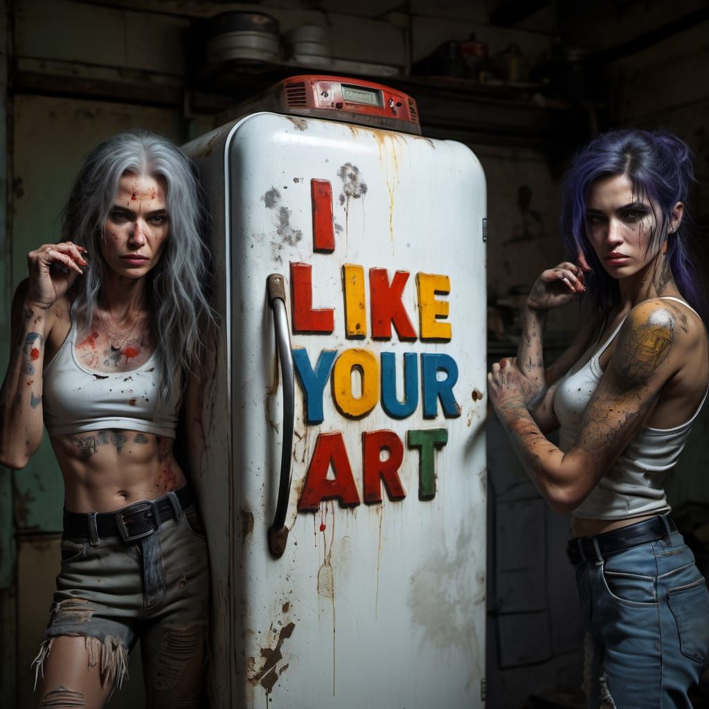 Creepy Garage Scene with Old Fridge and Woman