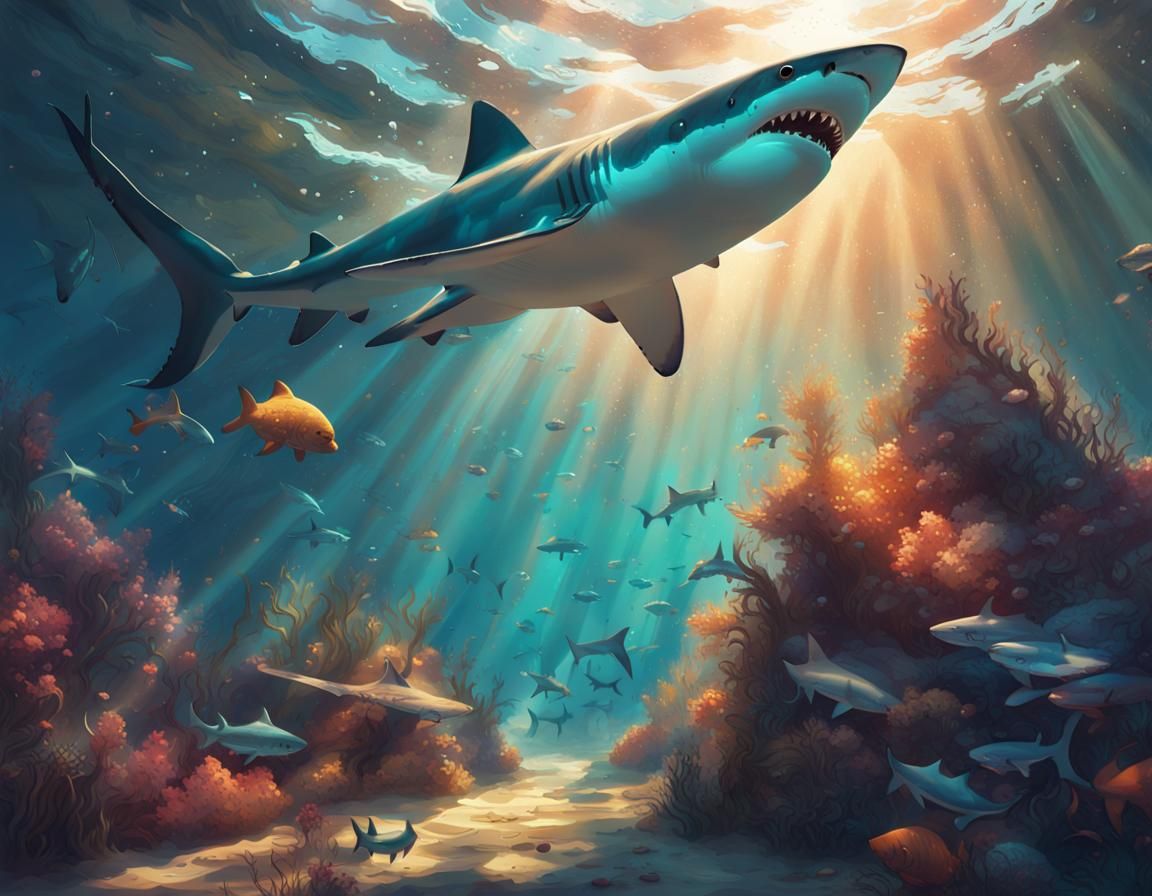 Underwater Sharks in a Vibrant Marine Scene