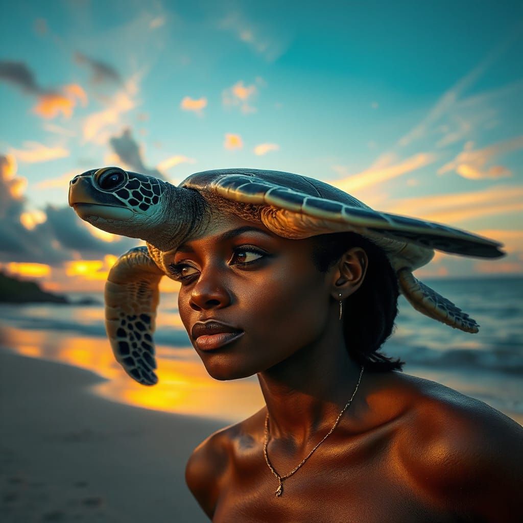 Jamaican Woman and Sea Turtle Double Exposure