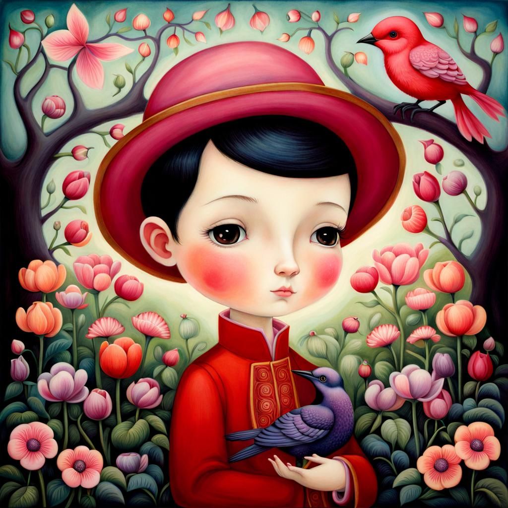 Boy with Bird in Spring Garden Art