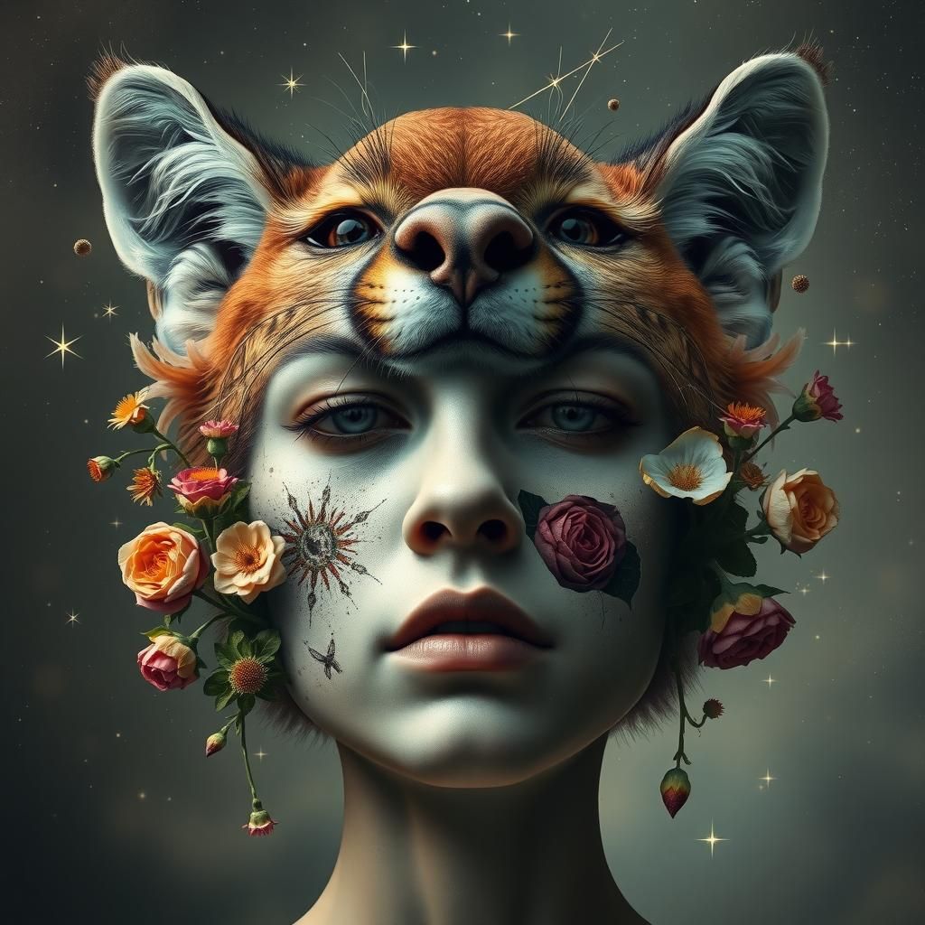 Surreal Cosmic Face Morphing with Puma, Stars & Flowers
