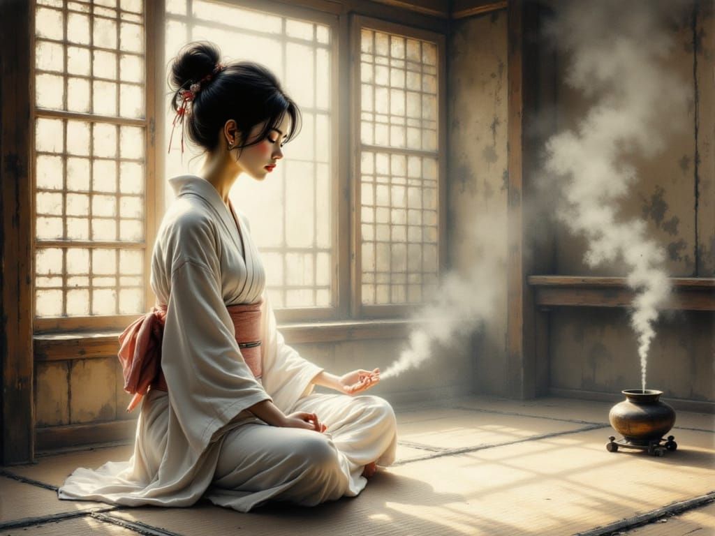 Serene Woman Meditating in Dimly Lit Shinto Temple