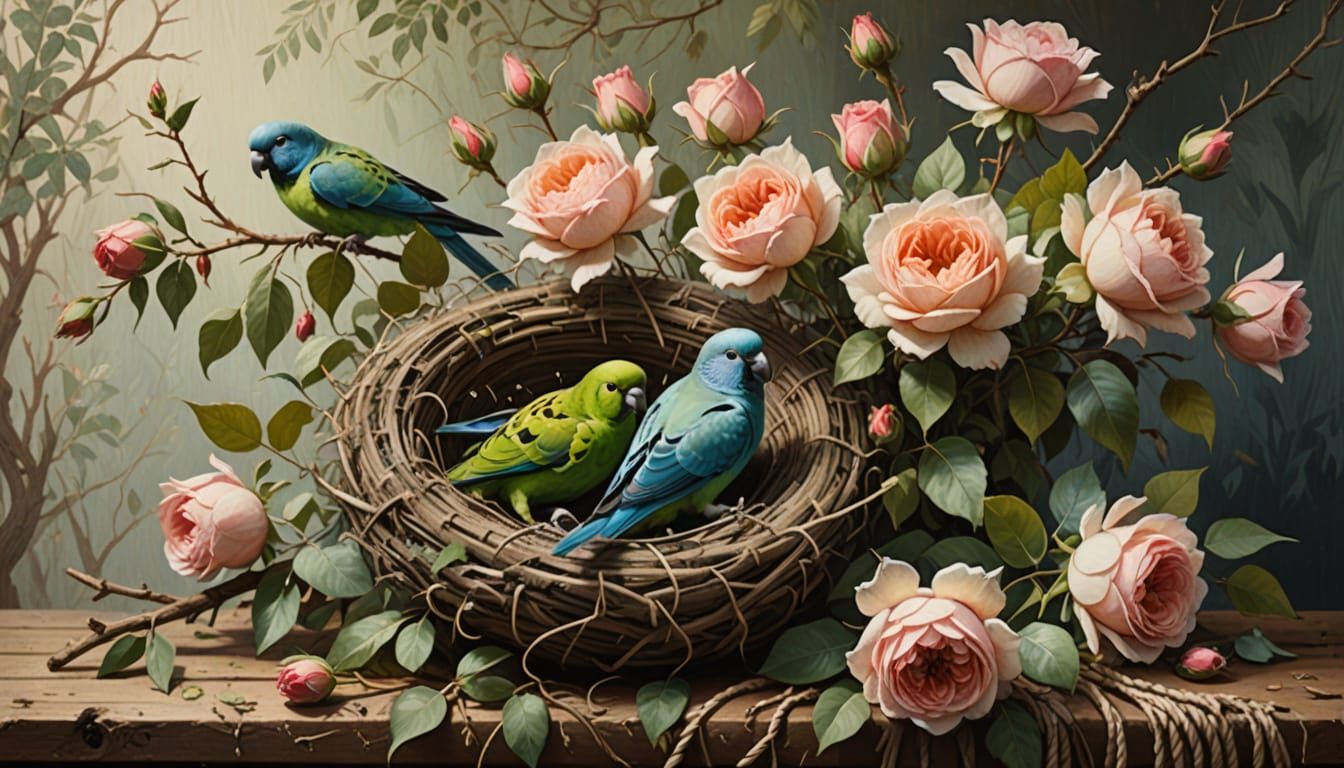 Impressionist Oil Painting of Bird's Nest and Parakeet