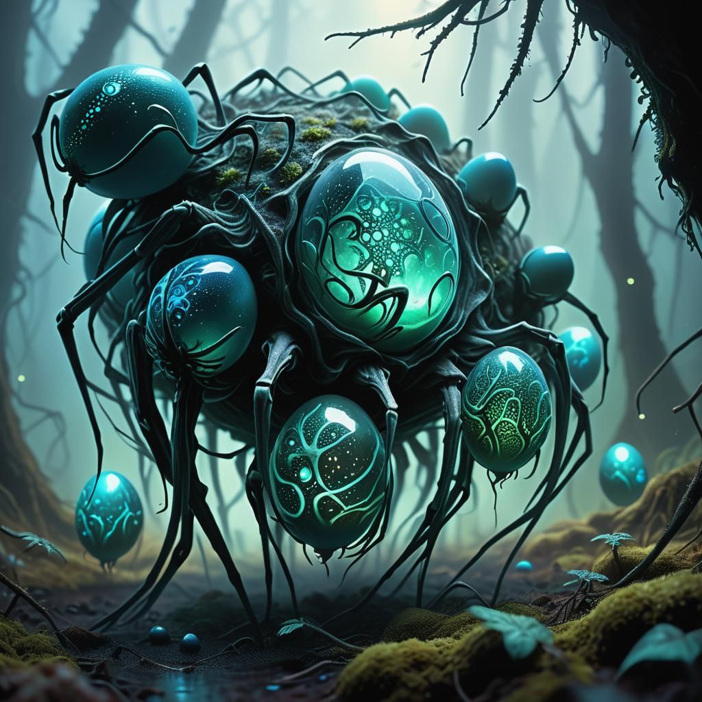 Venomous Alien Spider Eggs in Eerie Forest