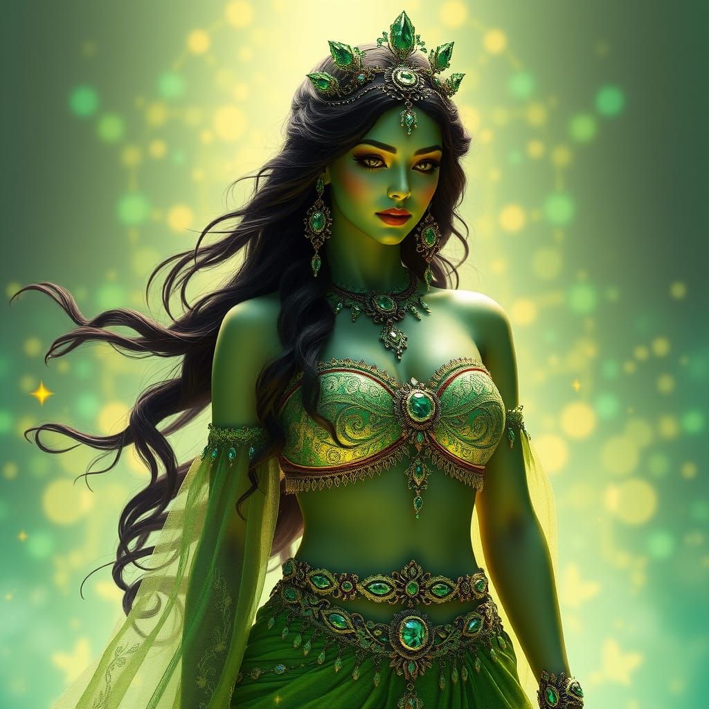 Regal Goddess Green Tara in Vibrant Fantasy Attire
