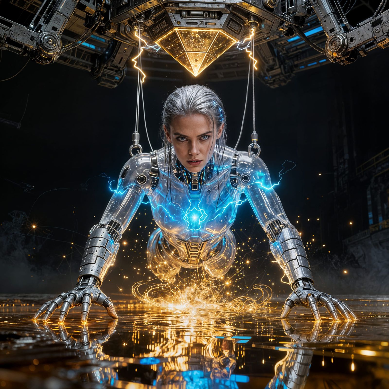 Glowing Cyborg Woman in Dieselpunk Pyramid