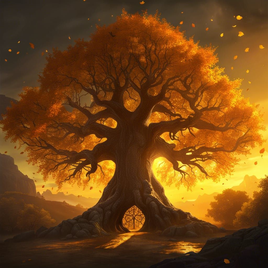 Golden Yggdrasil: Norse World Tree in Sunlight