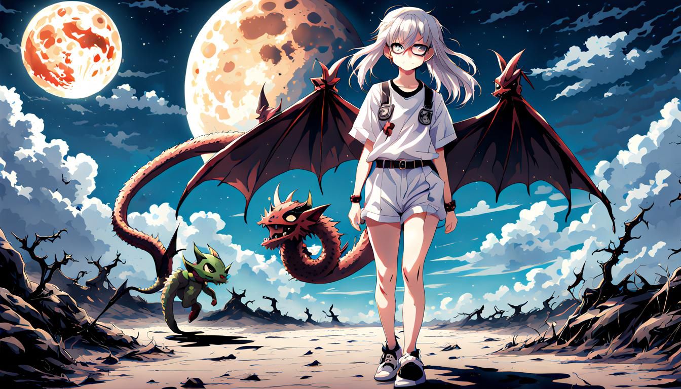 Anime Nerd Demon Girl and Dragon on the Moon