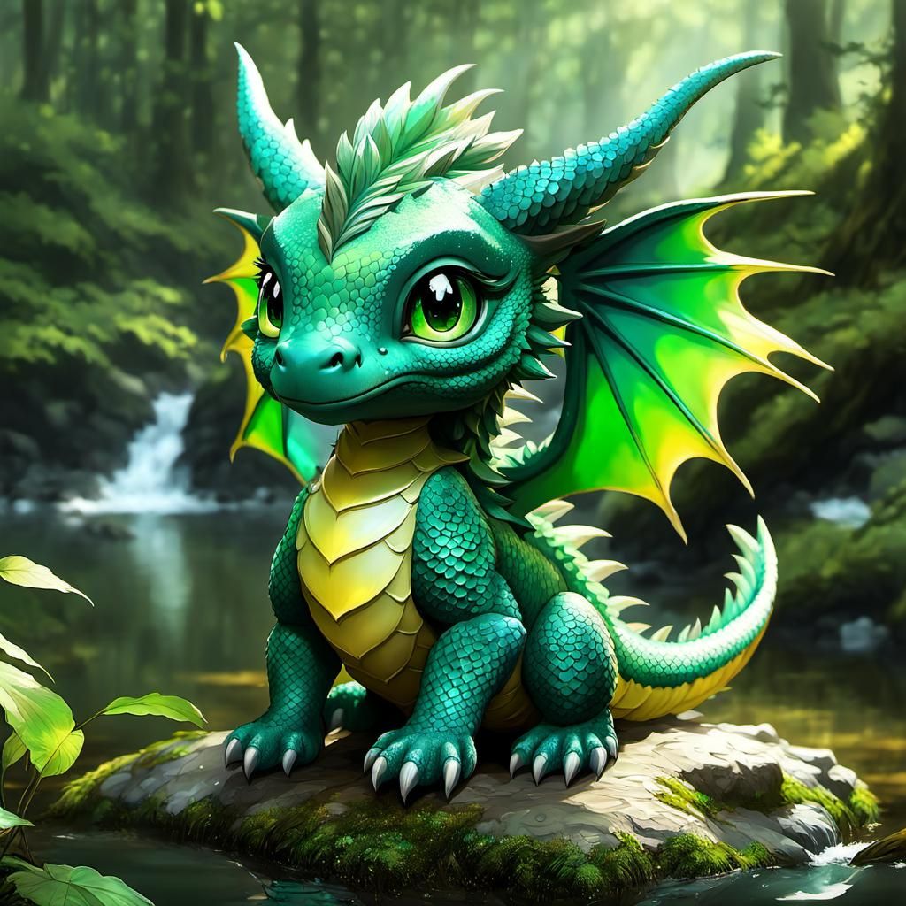 Chibi Dragon with Rainbow Wings in Forest