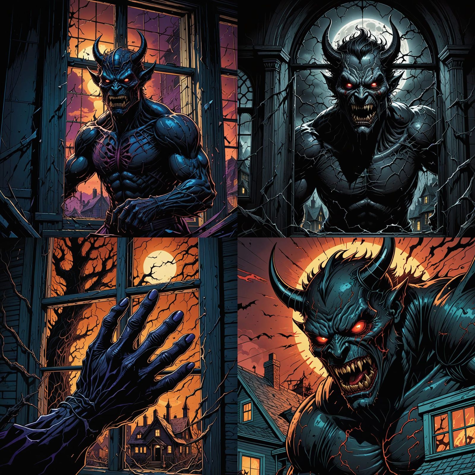 Demon Breaks Through a House Window in a Dark Horror Scene