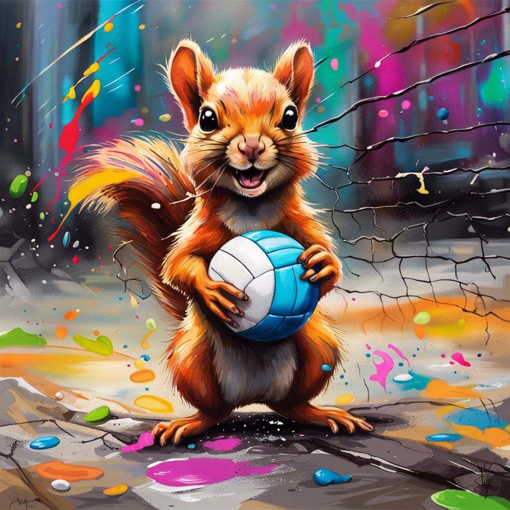 Baby Squirrel Plays Volleyball in Graffiti Art Style